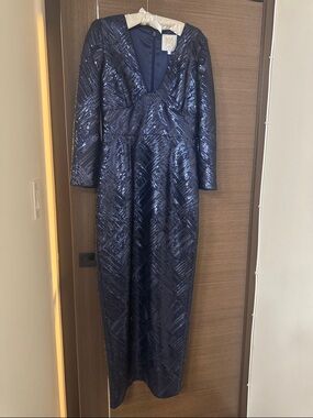 Milly Navy Sequin Long Sleeve V-Neck Gown